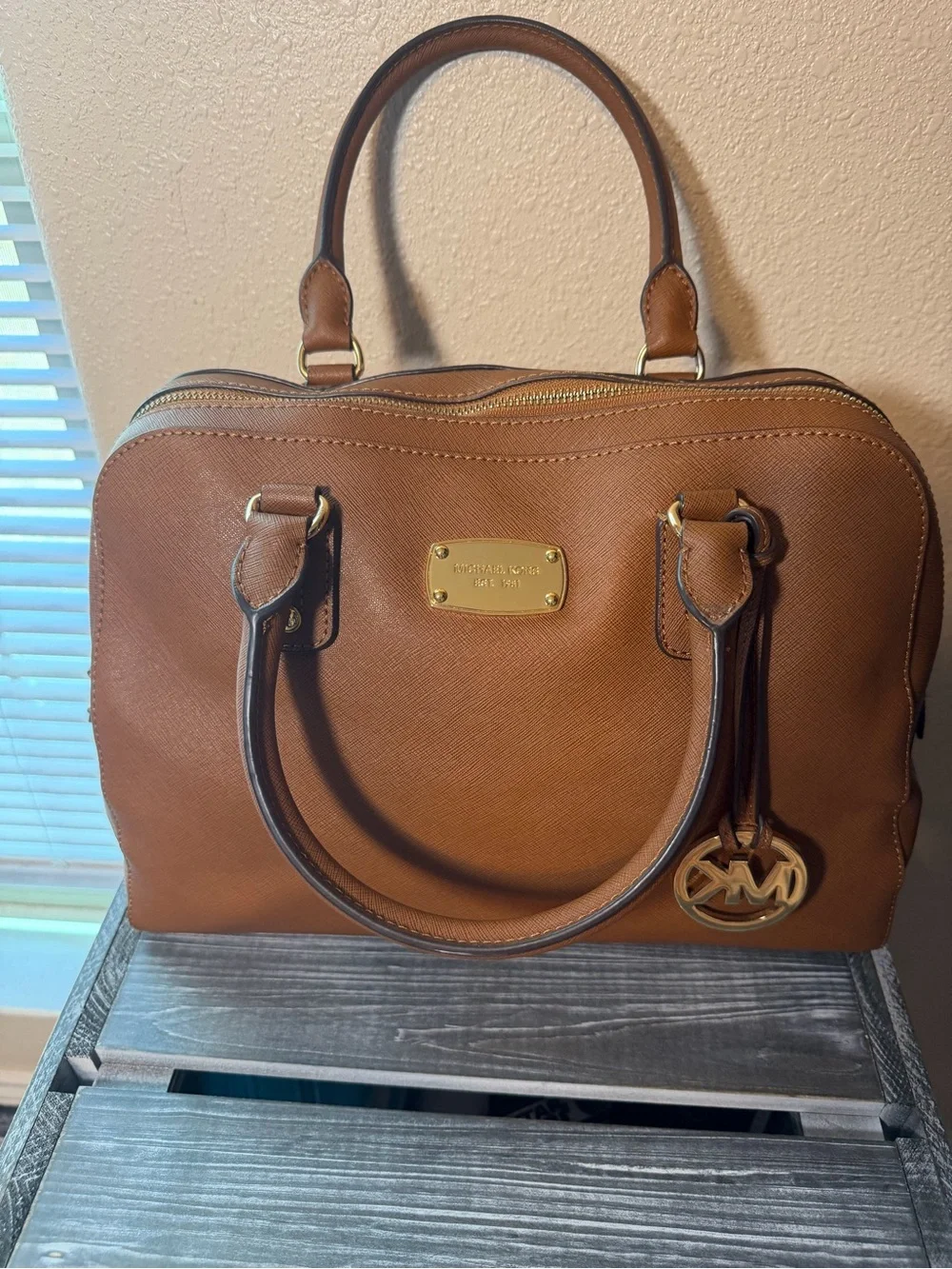 Michael Kors Tan Saffiano Leather Satchel with Gold Hardware